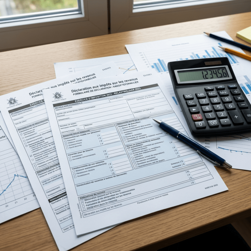 French tax declaration forms alongside a calculator and pen on a wooden desk